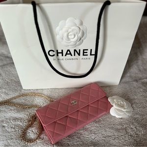 Chanel Coco Mark Matelasse Long Wallet Pink Lambskin Authentic Genuine on chain